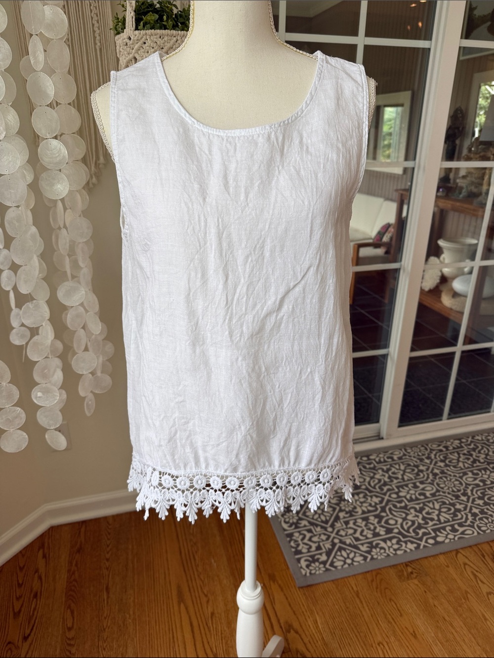 Italy White Sleeveless Linen Tank with Crochet Hem